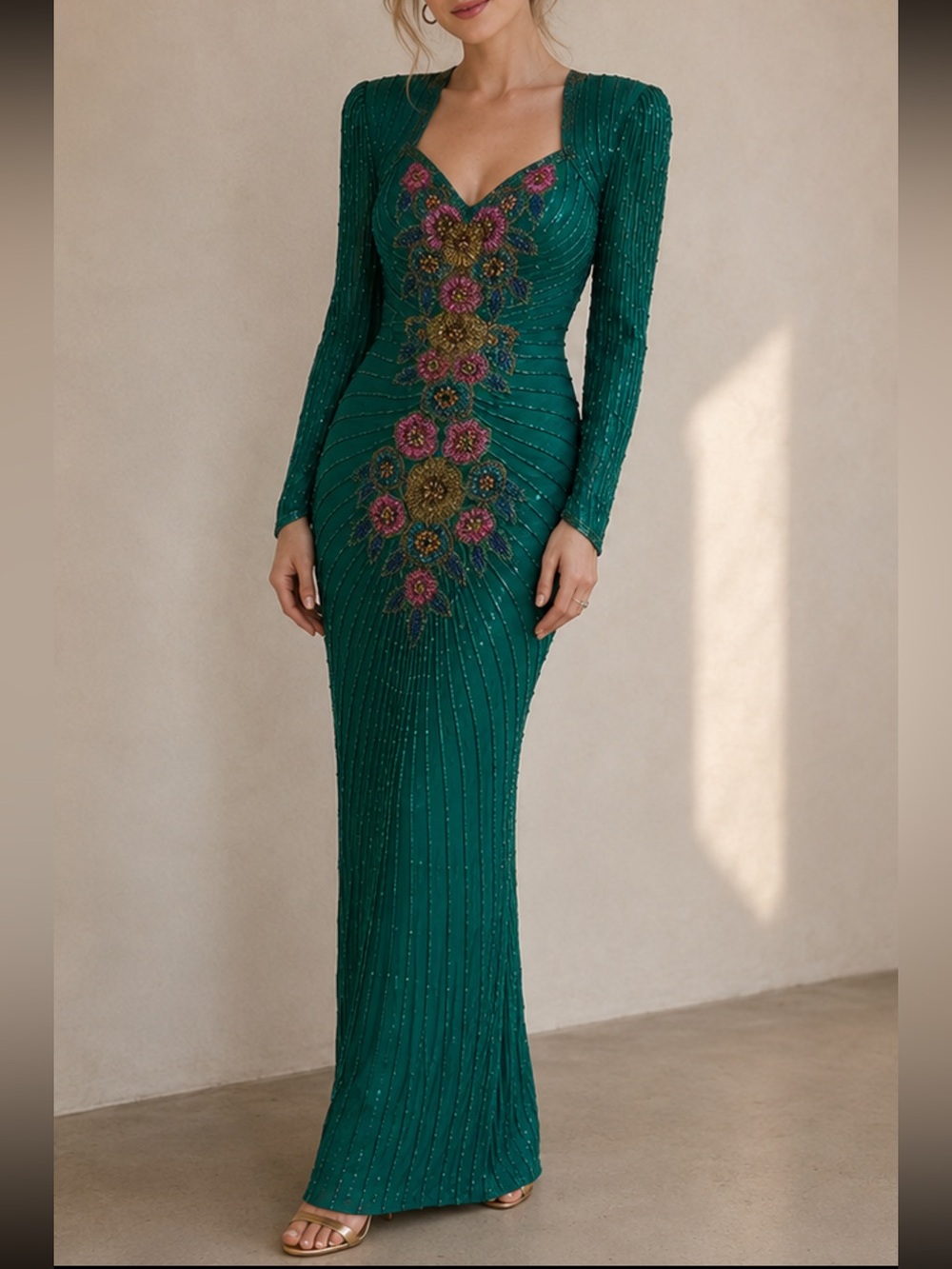 Vintage 1980s Emerald Beaded Floral Evening Gown w/ Open Back XS/S